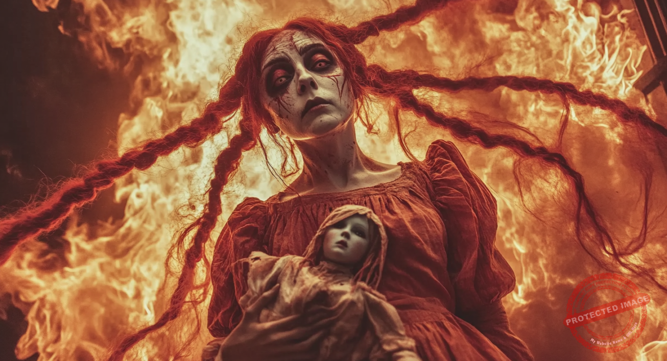 a woman with red hair holding a doll